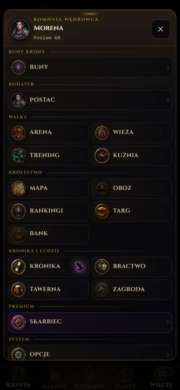 Menu Więcej na telefonie z pogrupowanymi zakładkami: Runy, Postać, Arena, Wieża, Trening, Kuźnia, Mapa, Obóz, Rankingi, Targ, Bank, Kronika, Bractwo, Tawerna, Zagroda, Skarbiec